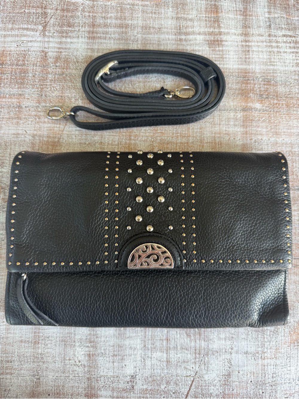 Brighton Black Studded Leather Crossbody Organizer